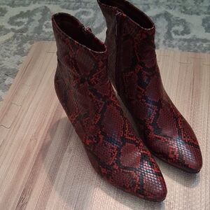 Red Snake-Print Pointed Toe Ankle Booties